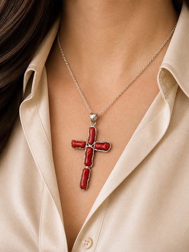 Croce corallo rosso argento - rosso,